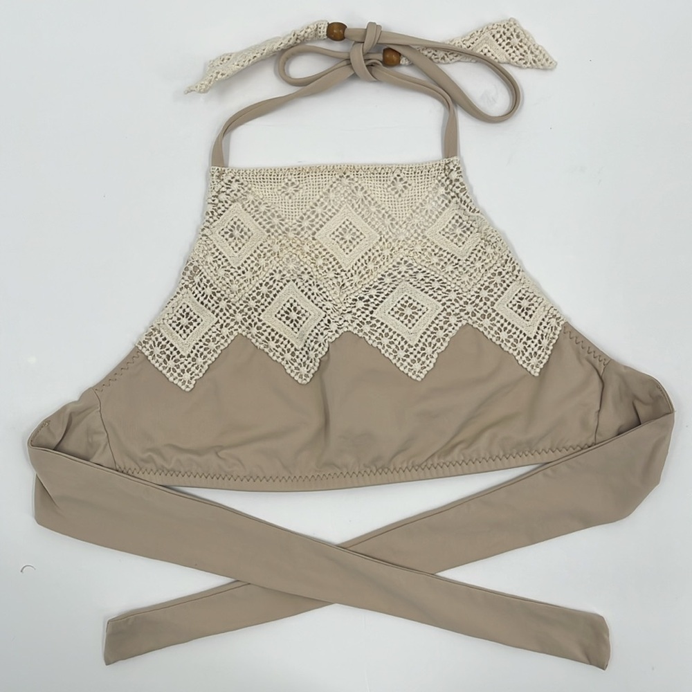 BECCA Bikini Set High Neck Crochet Lace Beaded Boho Nude Beige Tan Cream Sm/XSm - Picture 2 of 10